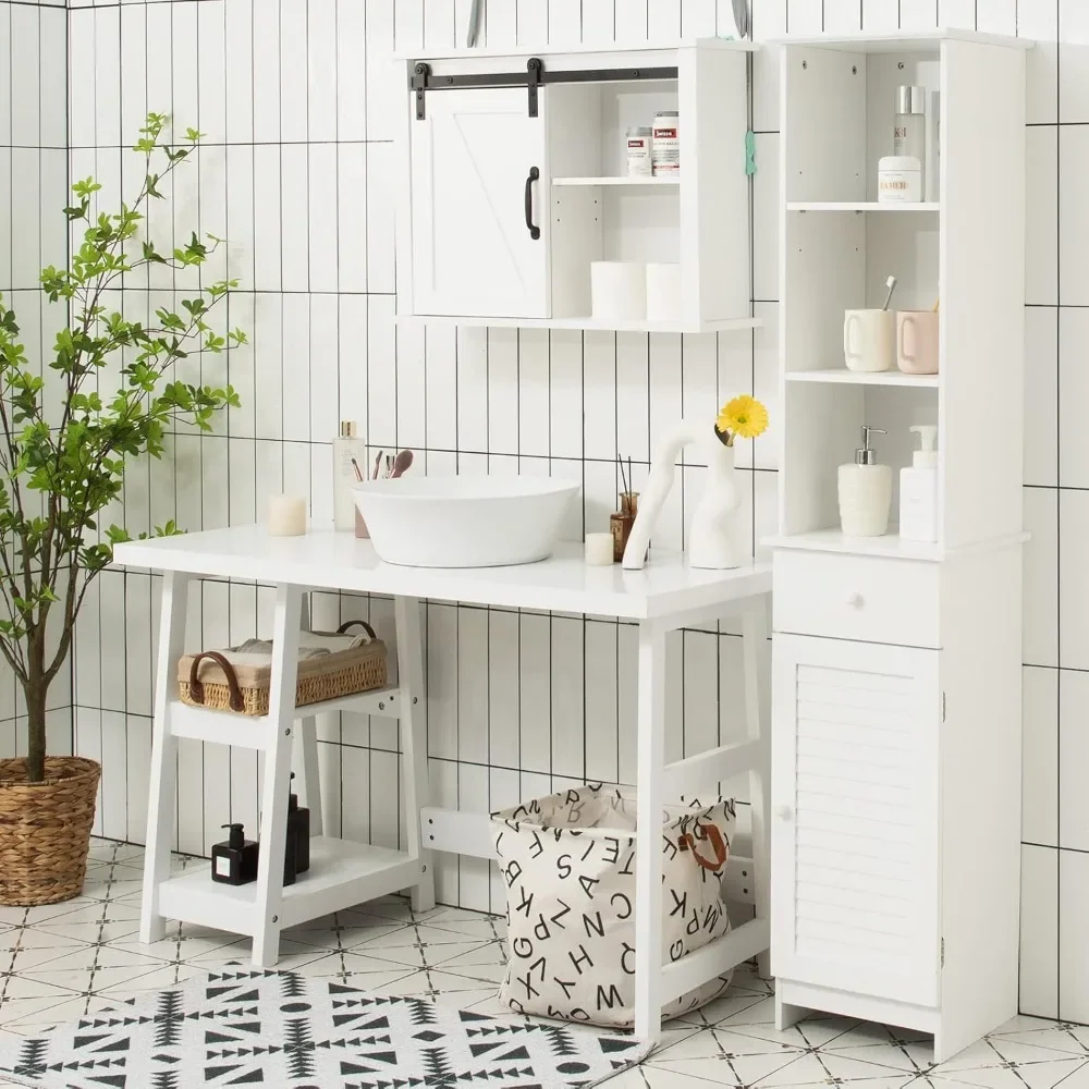 Tall Bathroom Cabinet - Slim Storage Solution with 3 Tier Shelf, Drawer & Enclosed Cabinet, Adjustable Shelves