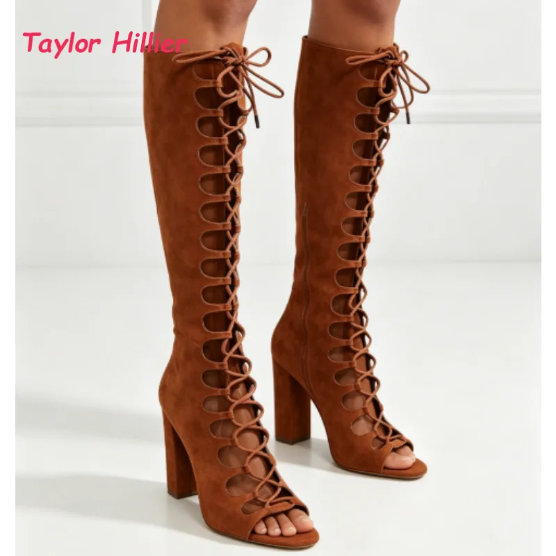 Botas Altas de Ante Marrón para Mujer, Estilo Gladiador, con Punta Abierta y Tacón Cuadrado, Sandalias con Cordones para Verano Boho, Novedad 2026