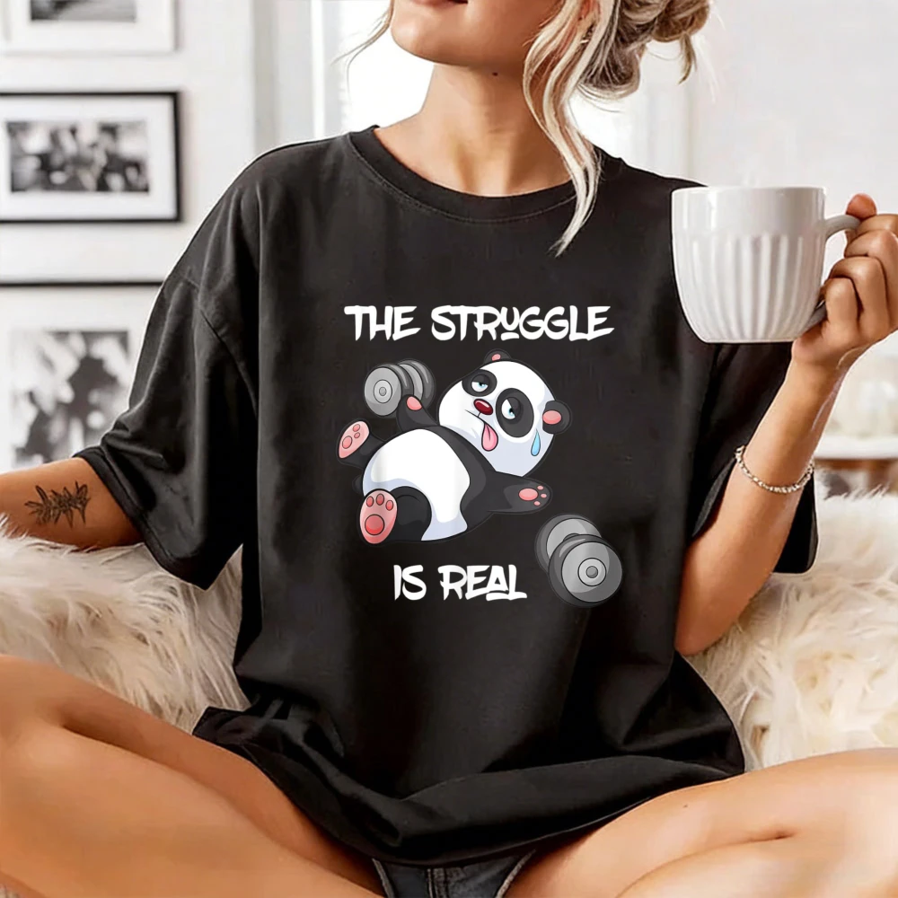 The Struggle Is Real Panda Sweat Graphic Tee Cute Gym Tee Funny Gym Dumbell Humor Men Women Cotton Fashion Tops Streetwear Shirt