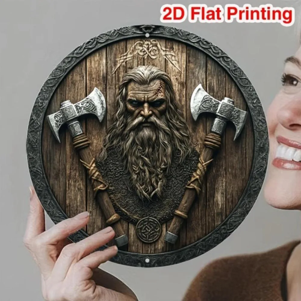 Viking Shield Themed Round Wall Art - Decorative Sign with Axe & Shield Design, Wall Decoration for Home, Office, Living Room