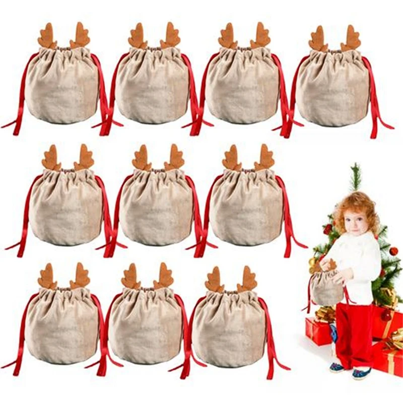 Sacos De Doces De Veludo Com Corda De Desenho, Presente Do Coelho Do Natal, Sacos De Embalagem, Decoração Do Partido, Antlers, 20PCs