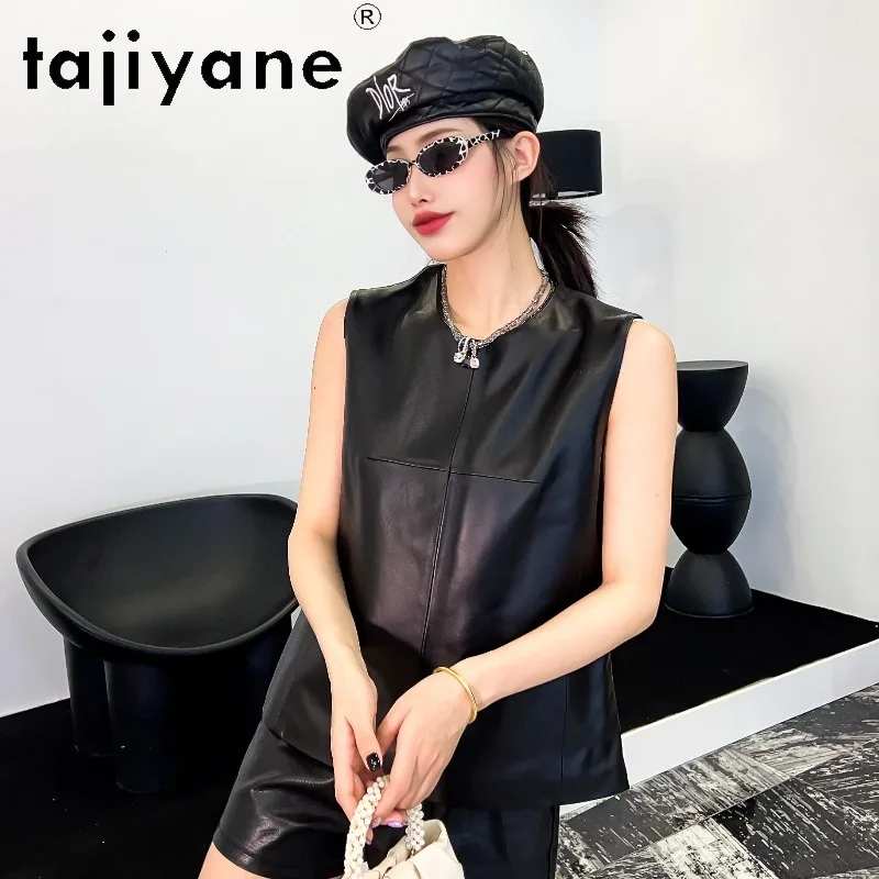 TAJIYANE 100% Sheepskin Leather Vest Slim Fit Gilet Genuine Leather Jacket Woman Sleeveless Round Neck Top Black Veste Femme 자켓