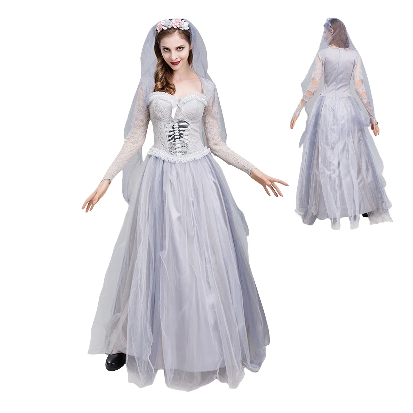 

2025 New Corpse BrideDress Mesh Party Dress Supplies Halloween Terror Costume Grey Skeleton Ghost Wedding Dress Cosplay Clothes