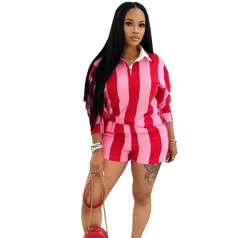 مخطط طباعة Sweatsuits امرأة 2 قطعة وتتسابق رياضي تجريب بدوره إلى أسفل طوق البلوز بلوزات والسراويل فرقة الركض فام