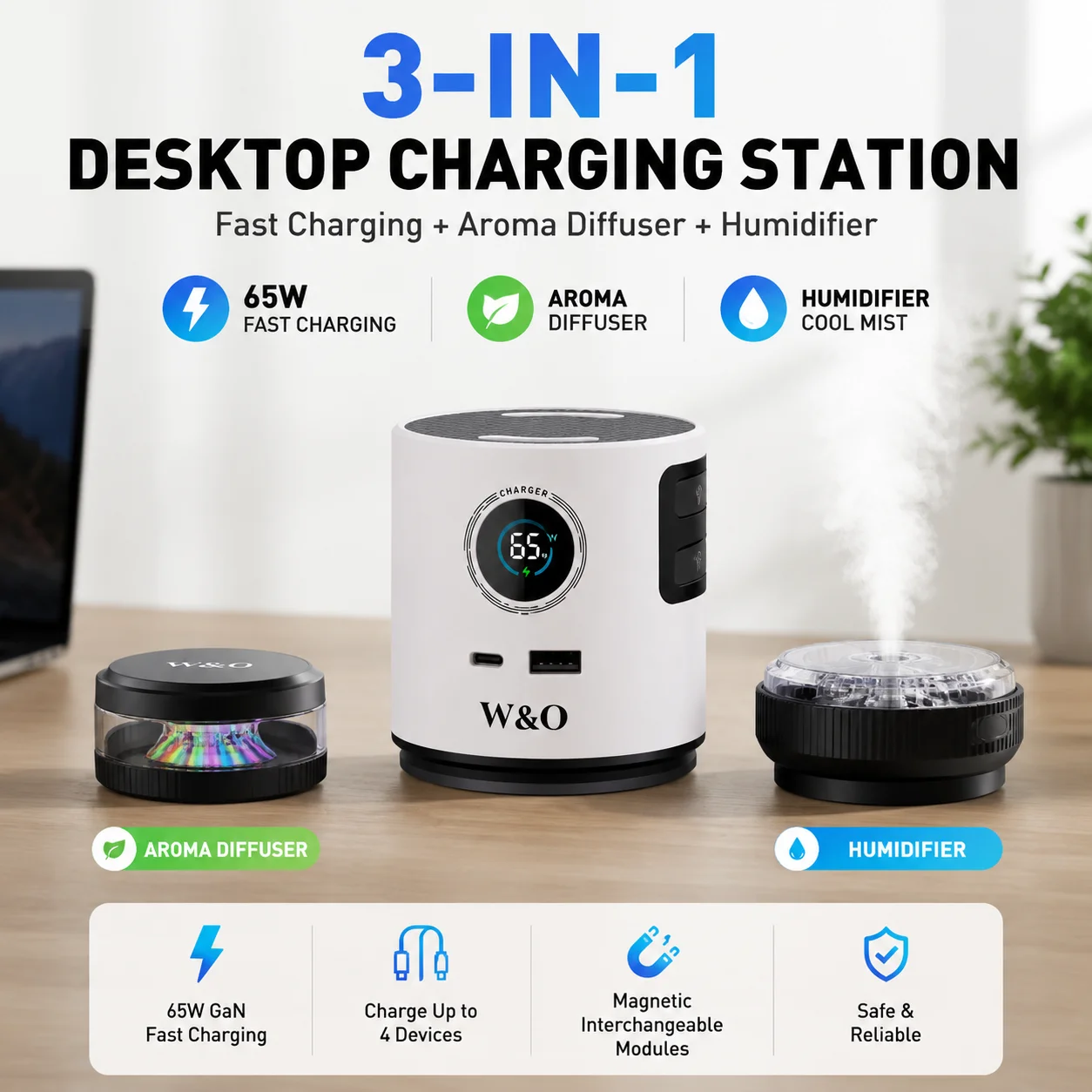 2026 New 3-in-1 65W GaN Fast Charging Station with Aromatherapy Diffuser & Humidifier, Retractable USB-C & Lightning Cables, Multi-Port Desktop Charger for Home & Office