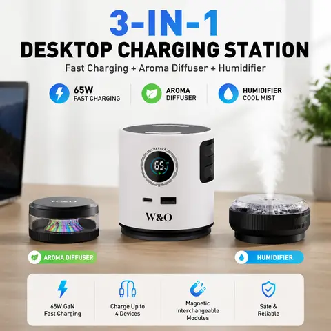 3-in-1 65W GaN Desktop Charger with Retractable Cables, Diffuser & Humidifier