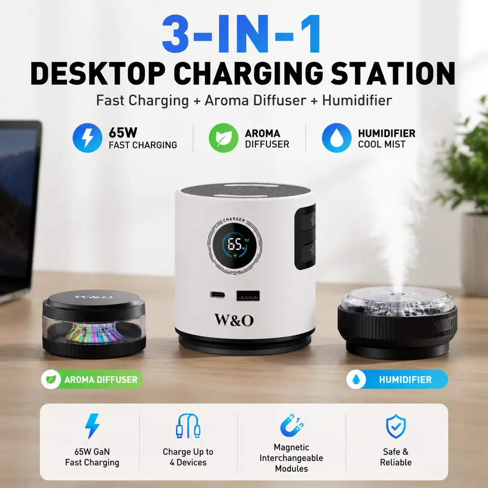 3-in-1 65W GaN Desktop Charger with Retractable Cables, Diffuser & Humidifier