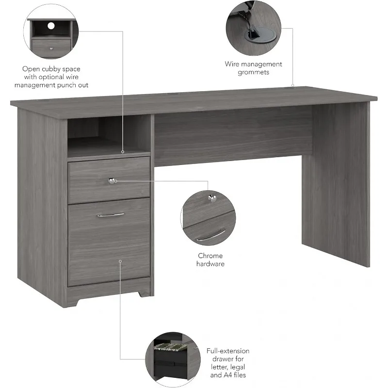 Mesa de computador com gavetas em cinza moderno, estação de trabalho e armazenamento de arquivos, mesa com soluções de organização para escritório doméstico