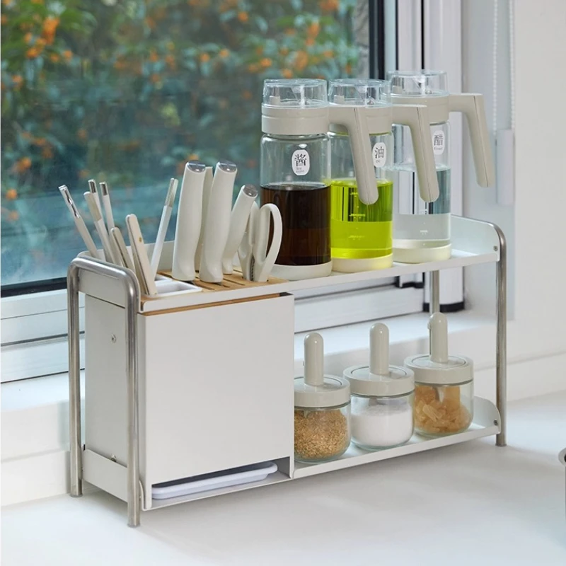 

Multifunctional Kitchen Seasoning Storage Rack 6-in-1 Knife Holder 2-layers Kitchen Organizer Partition Design Chopsticks Stand
