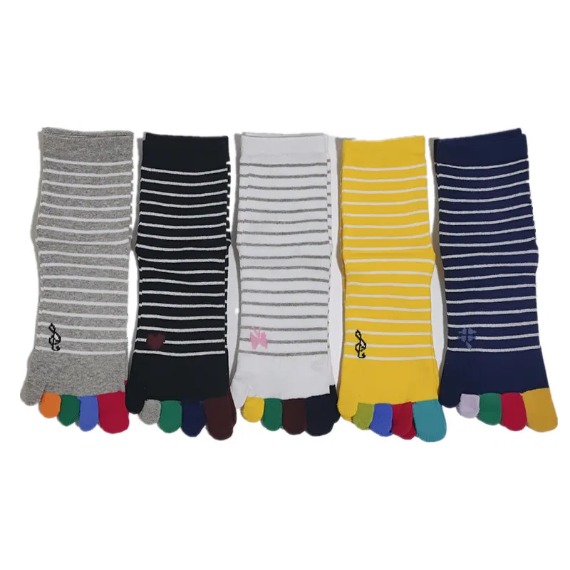 Juego de 5 pares de calcetines con punta a rayas para mujer, calcetines de 5 dedos de colores