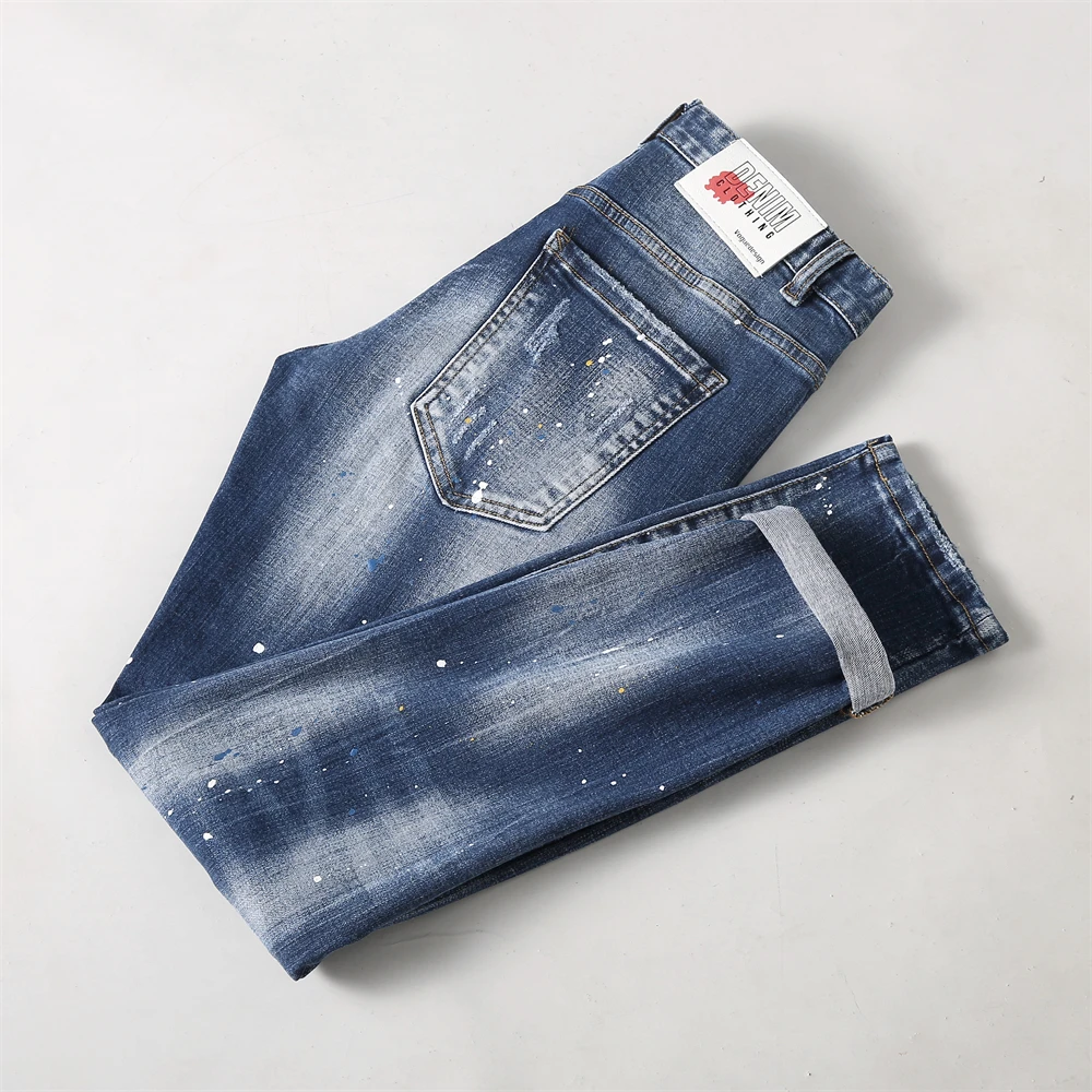 Fashion Vintage Men Jeans Retro Blue Elastic Skinny Fit Hole Ripped Jeans Men Painted Designer Hip Hop Denim Pencil Pants Hombre