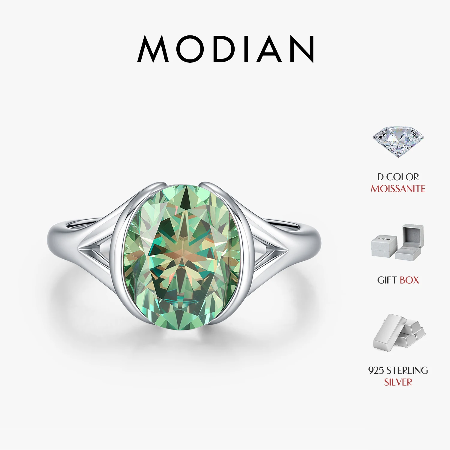 

Кольцо MODIAN с овальным зеленым муассанитом 3 карата, цвет D, из стерлингового серебра 925 пробы, роскошное сверкающее ювелирное украшение, лабораторный бриллиант для женщин, обручальное кольцо