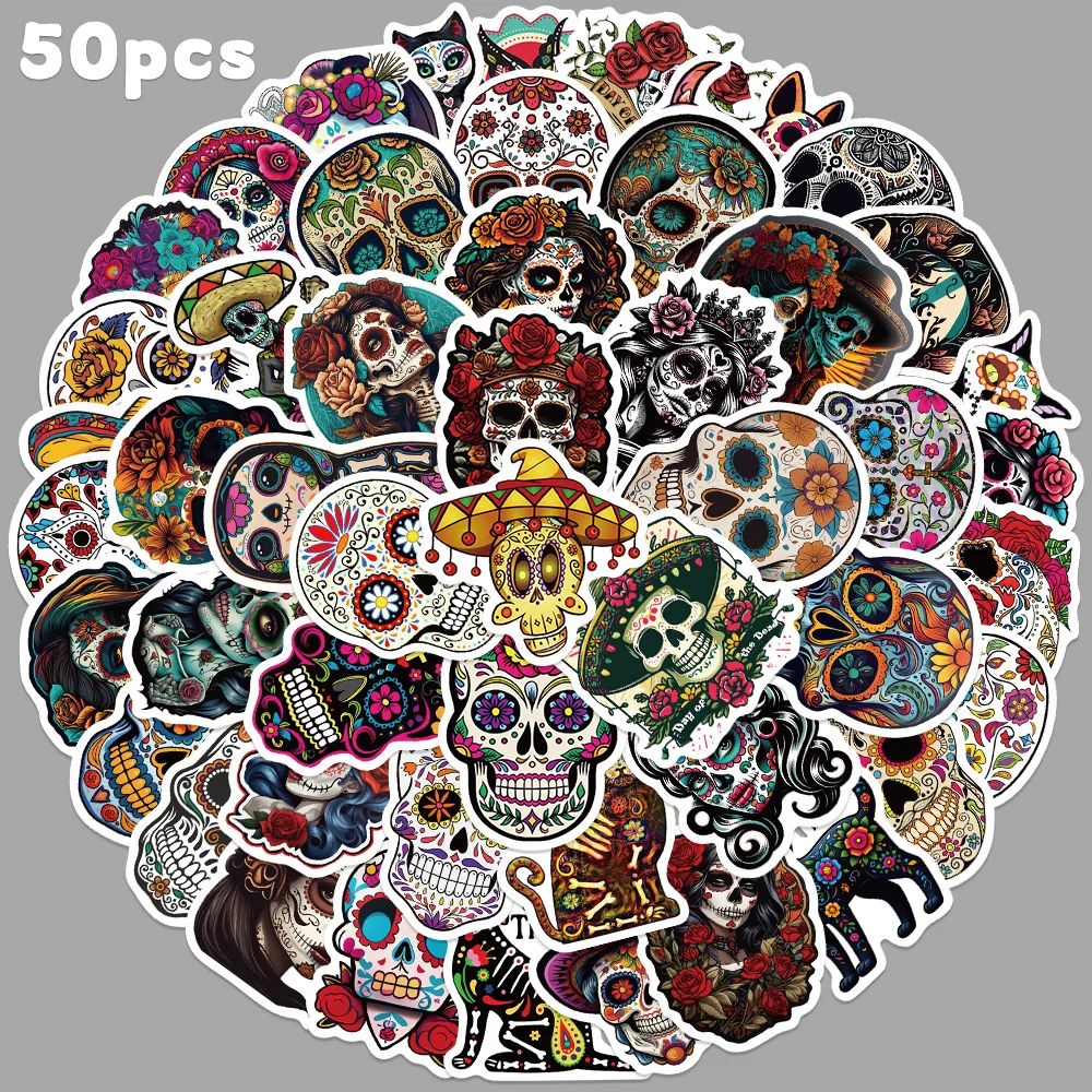 50 Uds. Pegatina de calavera de flor, calcomanía creativa y fresca para teléfono, guitarras, monopatín, iPad, pegatina decorativa, regalo de fiesta de Halloween