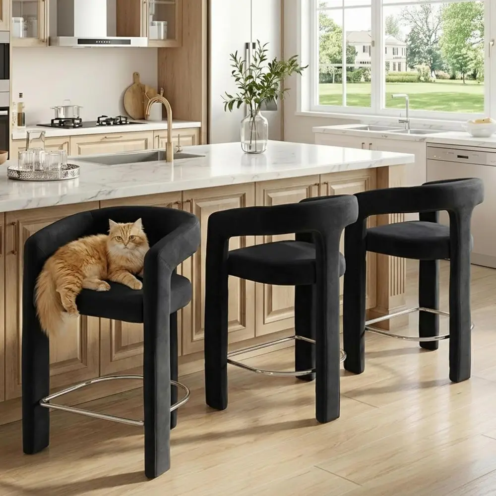 

Набор из 3 барных стульев с бархатной обивкой, открытой спинкой, высотой для барной стойки, с подлокотниками, черные