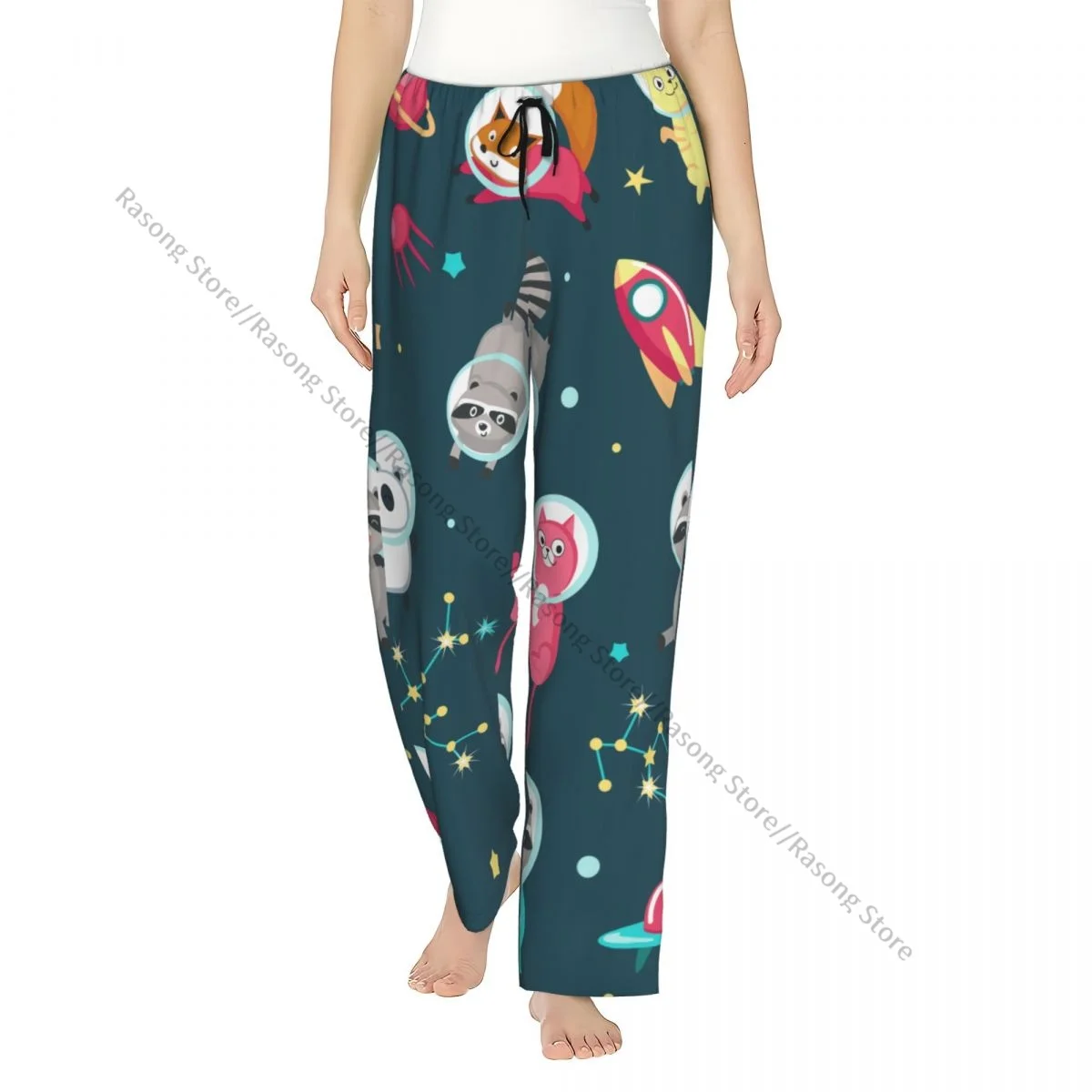 Warm Women Pajama Pants Cute Animals Astronauts Panda Raccoon Fox In Outer Space Flannel Sleep Bottoms Soft Fleece Loungewear