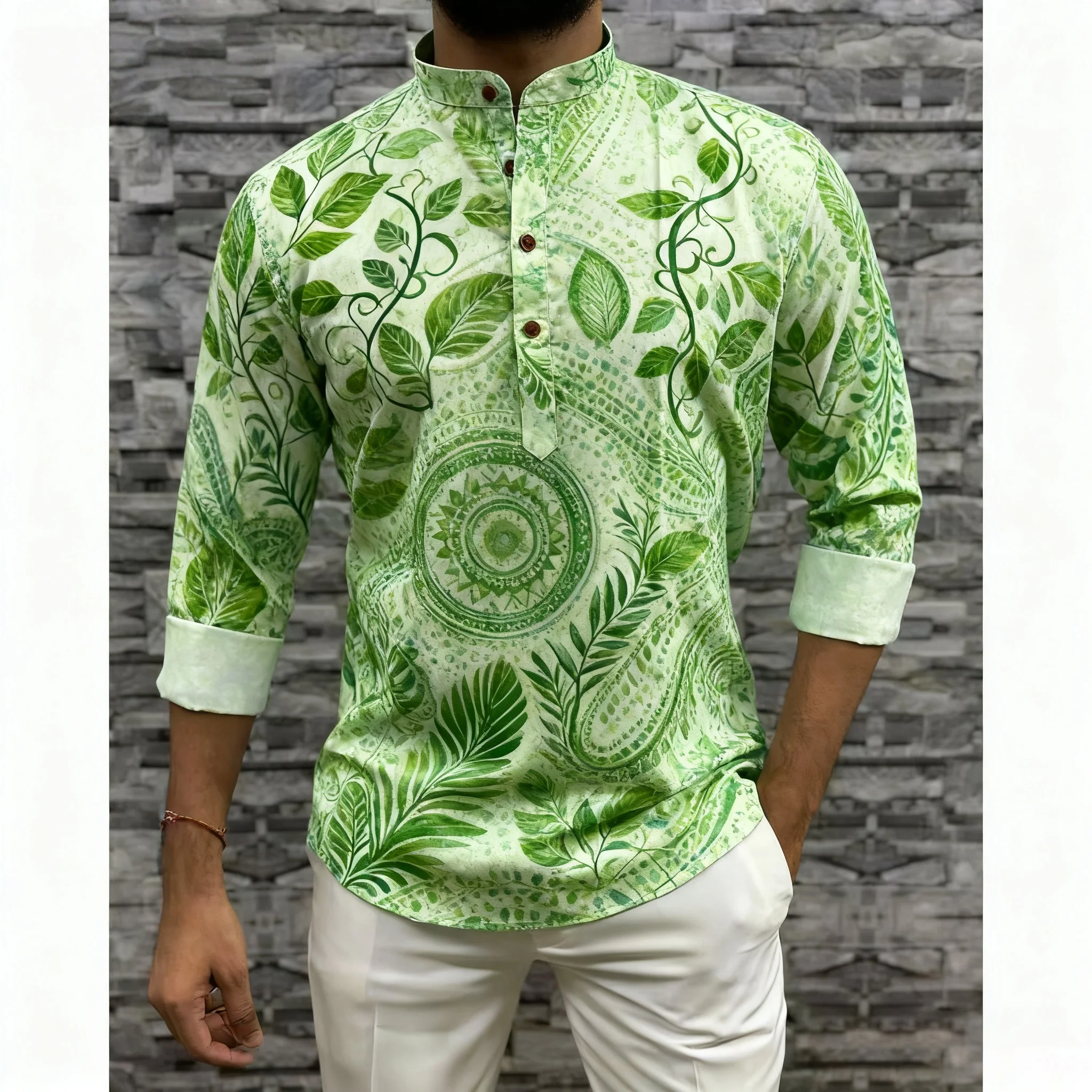 الرجال المسلمات الإسلامية العربية عباية طويلة الأكمام قميص العرقية طباعة الوقوف طوق الشباب 2026 معطف فاخر ملابس عصرية غير رسمية