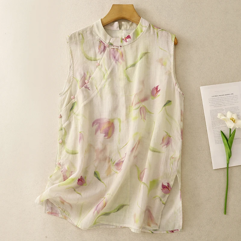 China Vintage Style Flower Print Sleeveless T-shirt for Women Summer Fashion Stand Collar Loose Casual Cotton Linen Waistcoats