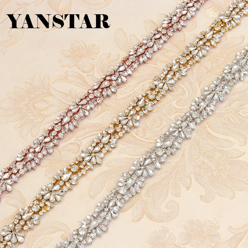 YANSTAR 5 Yards Wholesale Rhinestones Appliques For Bridal  Belt Rose Gold Crystal Rhinestones Appliques For Bridal Sash YS857