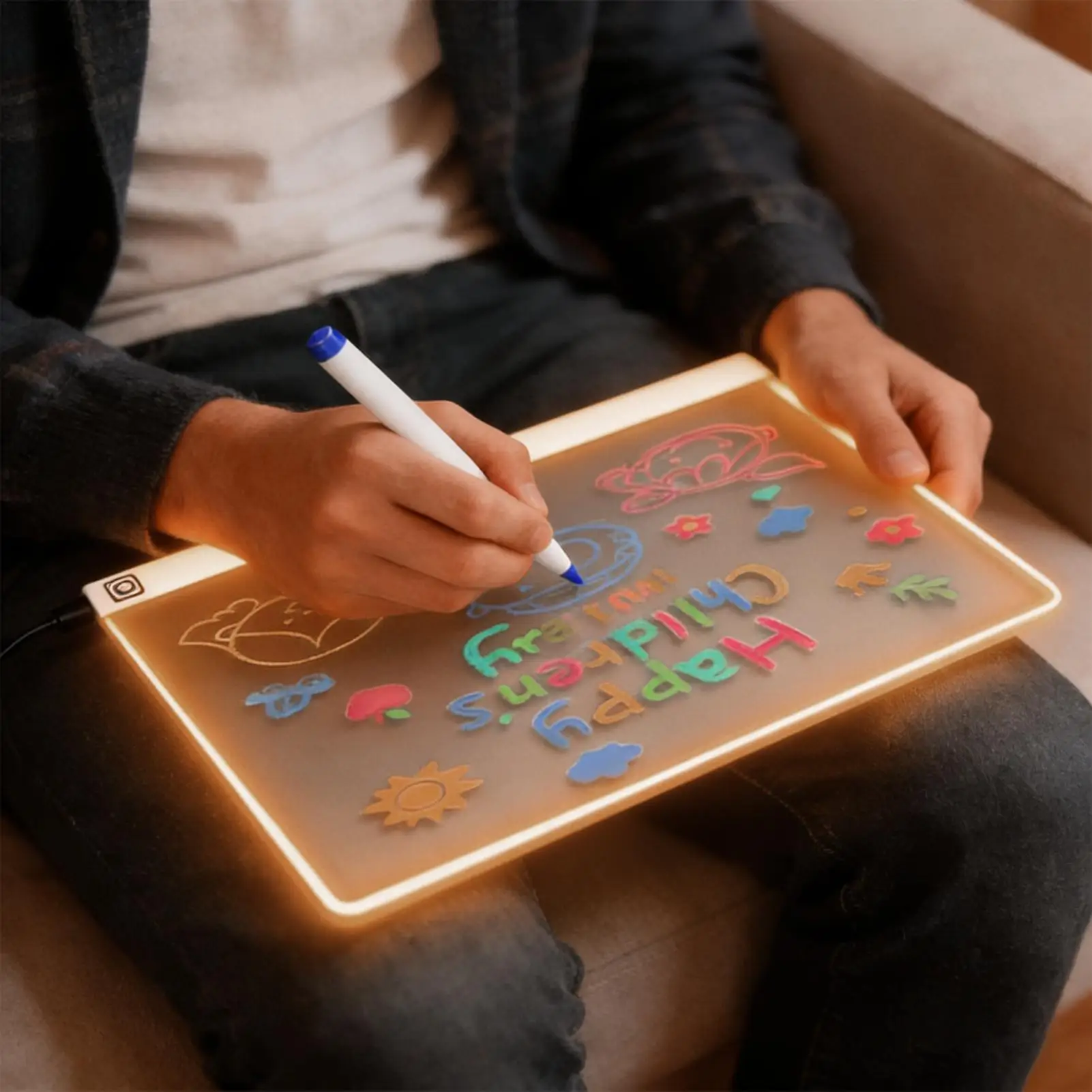 กระดานโน้ต LED พร้อมสี ขนาด 35x26 ซม. แผ่นรองเขียนแบบอะคริลิค ลบได้ ของเล่นสำหรับเด็กชายและเด็กหญิง ใช้สำหรับวาดภาพ ระบายสี เขียน