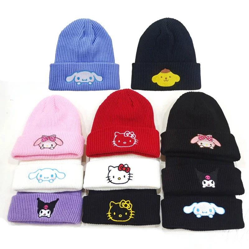 Anime Cartoon Sanrio Hello Kitty Kuromi Melody Warmth Knitted Hats Winter Ear Protection Beanies Women Men Outdoor Pullover Hat