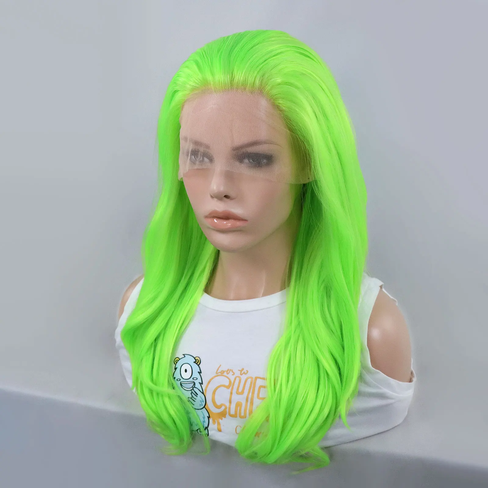 Perucas sintéticas frente de renda para mulheres, cabelo ondulado longo, ondulado natural, verde fluorescente, festa cosplay amarela