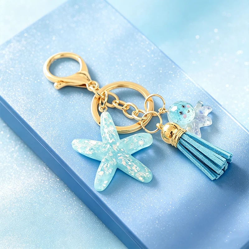 Fashion SeaStar Ocean Series Tassel Keychain Resin Creative Keyring Women Backpack Accessories Pendant Exquisite Gift