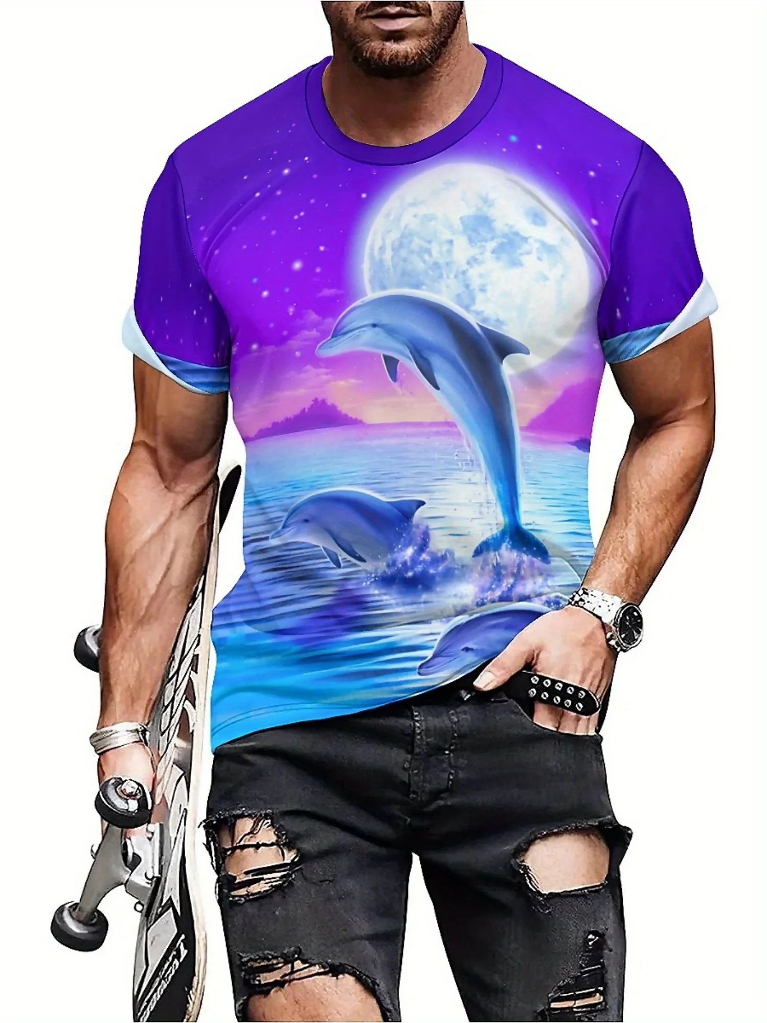 3D Dolphin Print T-Shirt | Unisex Polyester Tee with Moonlit Ocean Design | Vibrant Purple & Blue | Round Neck, Short Sleeve