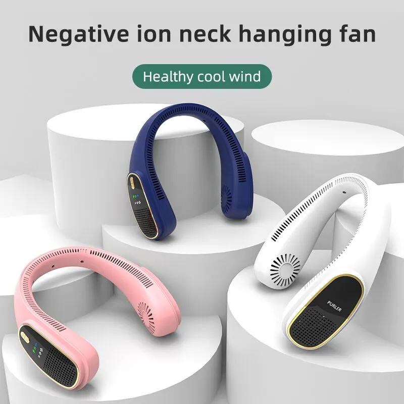 Ventilador colgante de cuello sin hojas para personas perezosas, carga USB, rango múltiple, velocidad del viento, ajustable, portátil, pequeño, para exteriores