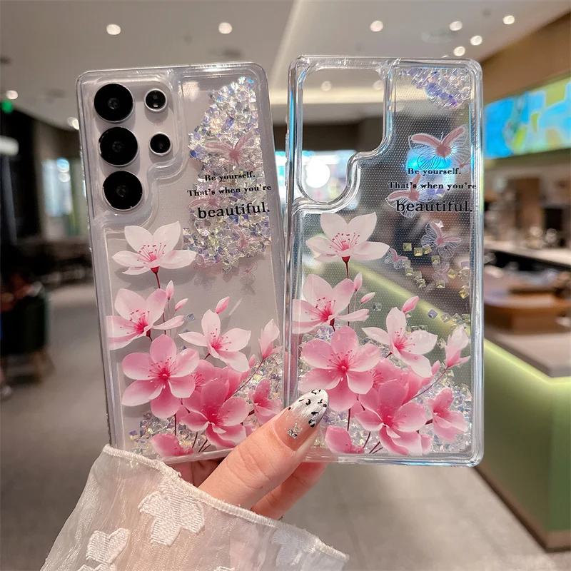 Glitter strass areia movediça caso para samsung s23 s24 s25 ultra flores silicone claro movendo areia capa dinâmica escudo líquido