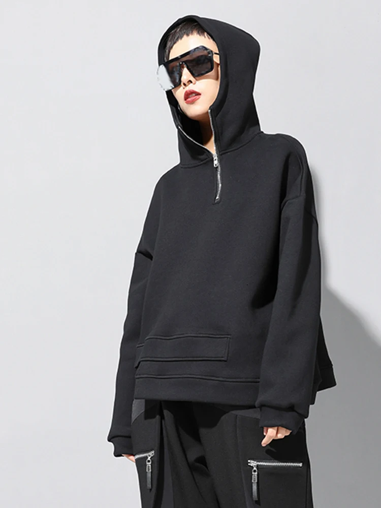 [EAM] Loose Fit Asymmetrical Big Size Sweatshirt New Hooded Long Sleeve Women Big Size Fashion Tide Spring Autumn 2024 19A-a527