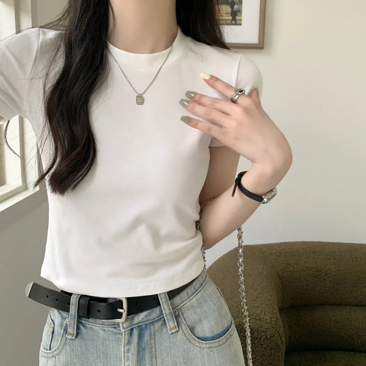 

Spring/Summer Korean Fit Round Neck Shoulder Solid Color Short Cotton Short Sleeve T-shirt Women's Top