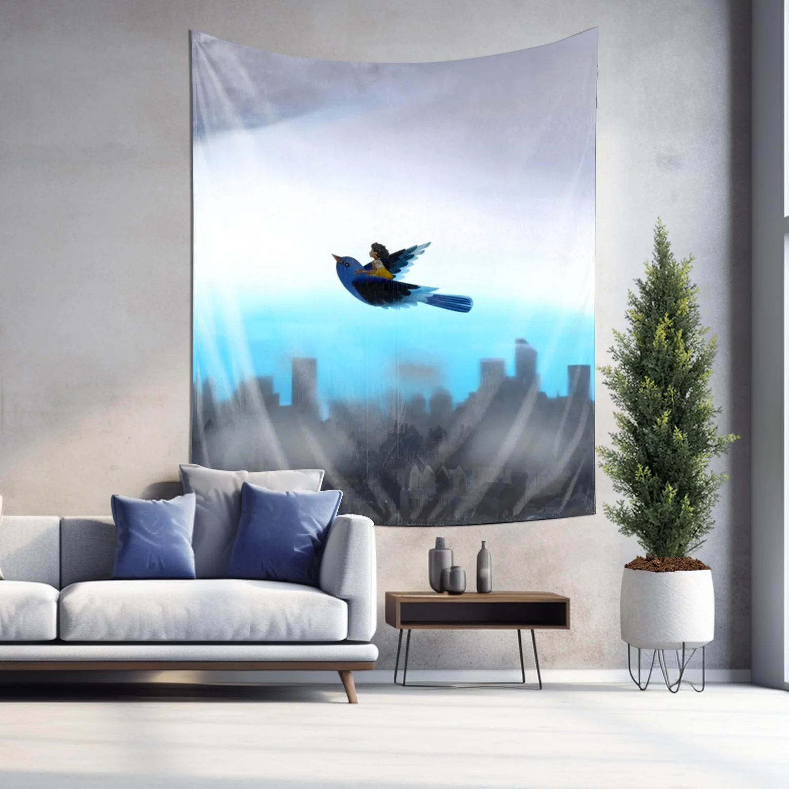 Fantasy Blue Bird Flying Over Misty Cityscape with Angel Rider Tapestry Machine Washable All Season Decor Print Home Quick Setup