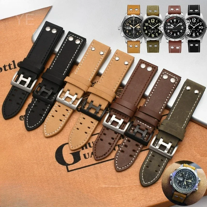 For Hamilton H760250 Khaki Aviation Excellent Quality Genuine Cowhide Leather Watchband Moisturewicking Watch Accessory 20 22mm