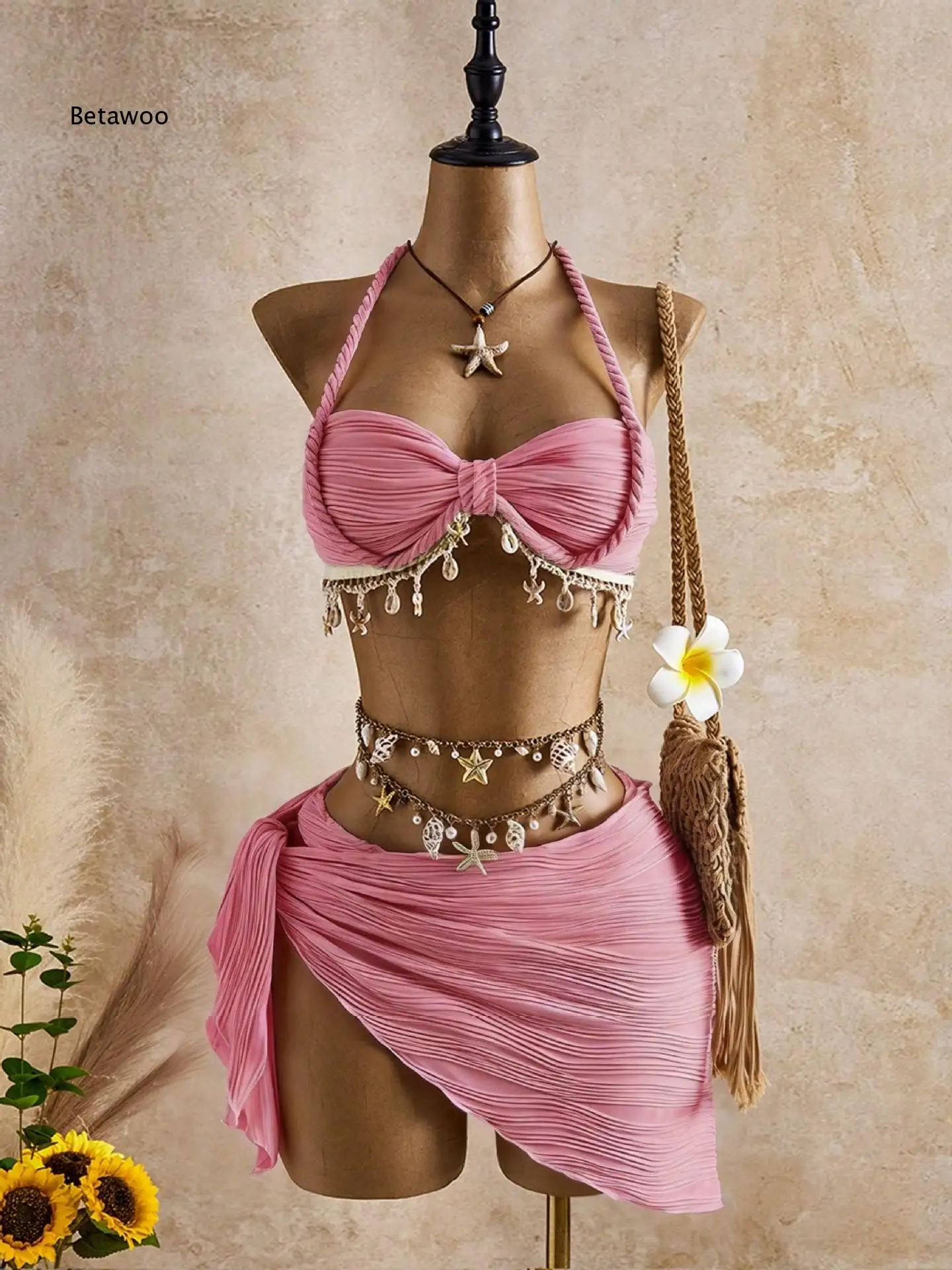 Women Halter Knot Bikini Three Piece Set Shell Tassel Embellishments Matching Wrap Cover Up Skirt For Summer Beach Looks