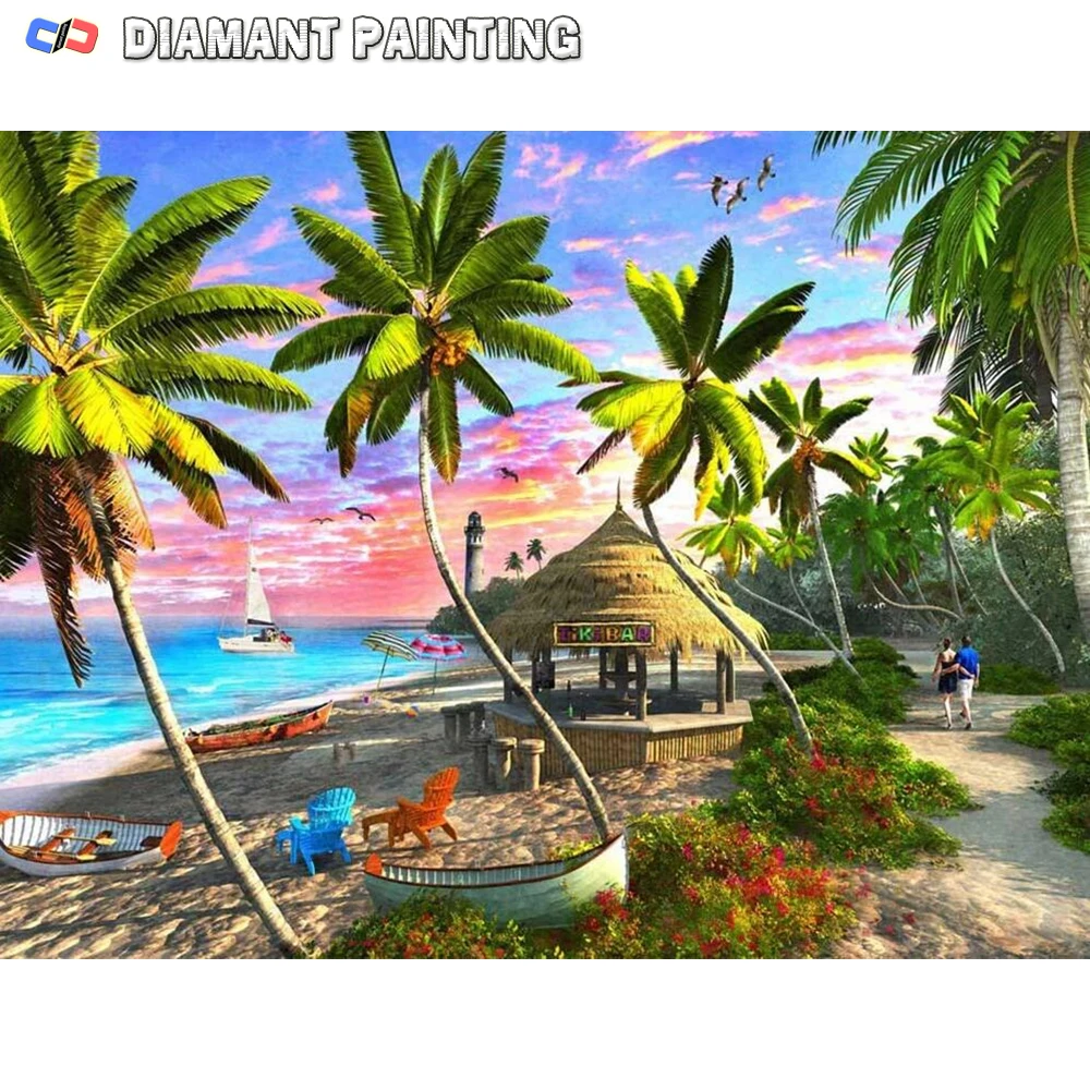 5D DIY New Diamond Painting Seaside Beach Landscape Full Square Round Drill Mosaic Coconut Tree Picture Rhinestones Home Decor