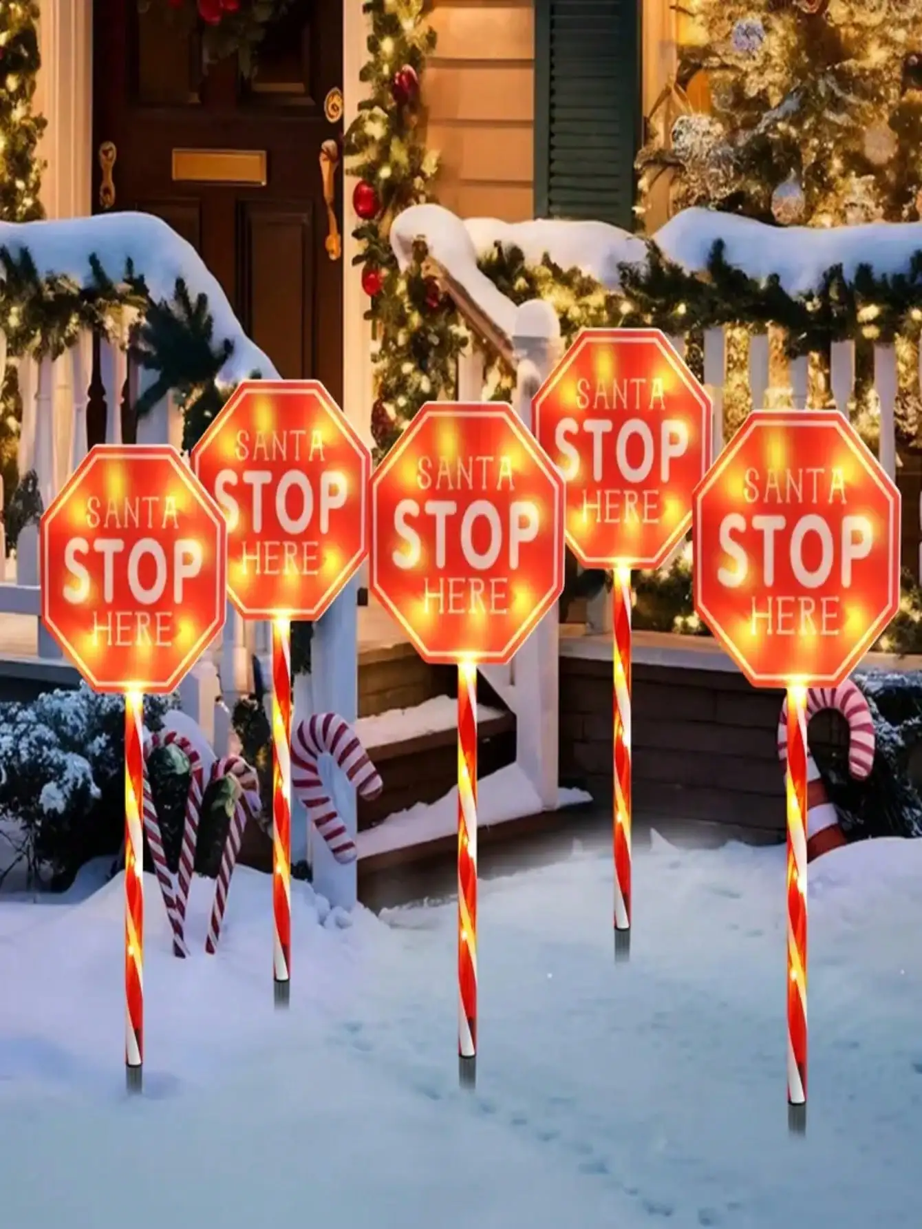 5pcs Solar-Powered Christmas Rest Sign - Waterproof 5-In-1 LED Decor w/Candy Cane Stripes for Yard/Garden, Durable Plastic