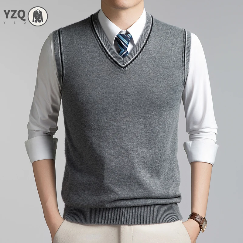 Fall Mens V Neck Knitted Waistcoat Sleeveless Sweater Vest With Decorative Trim Comfort Knit Top Business Daily Outfit