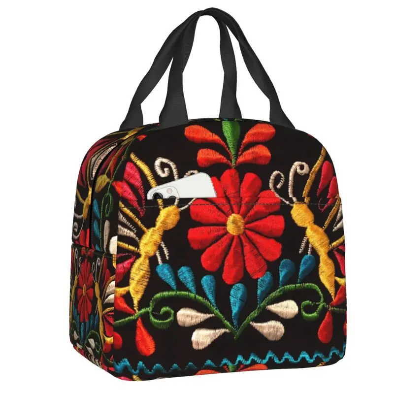 Mexican Butterflies And A Red Flower Thermal Insulated Lunch Bag Colorful Portable Lunch Tote for Work School Storage Food Box