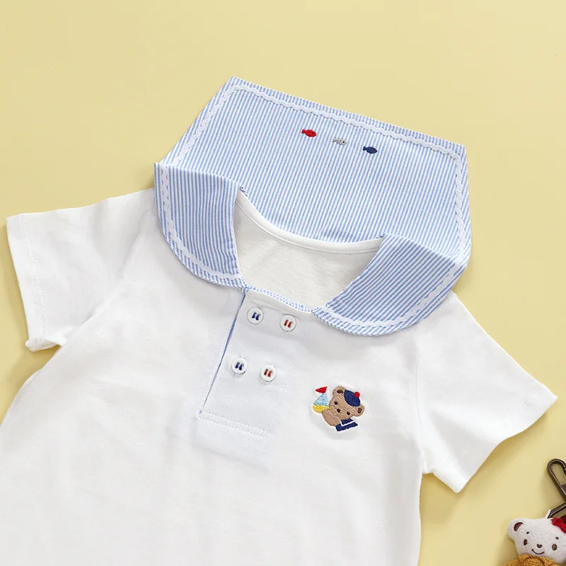 Japanese Children\'s Short Sleeve Shirts Cartoon Little Bear Embroidery Boys Shirt Underlay Blouses for Girls 2023 Korean Kids