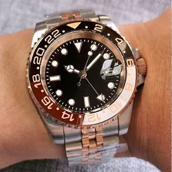 Relógio mergulho em aço impermeável masculino, Root Beer Insert, relógio de pulso Two Tone, prata e ouro rosa, pulseira 904L NH34 GMT