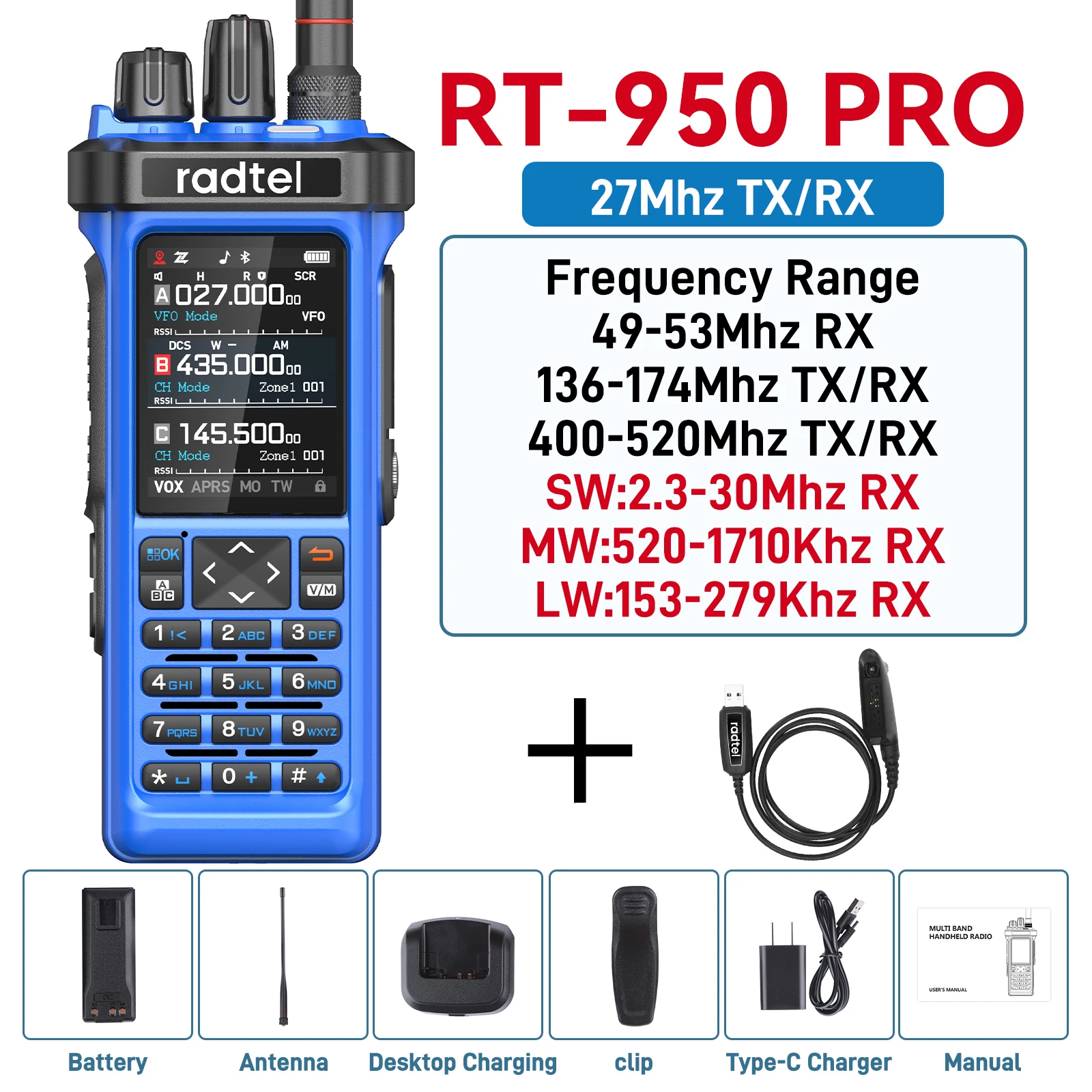 

Radtel RT-950 PRO Blue + Programming Cable Walkie Talkie with GPS APRS 10W Bluetooth Phone Programming Ham Radio RT-950PRO SSB