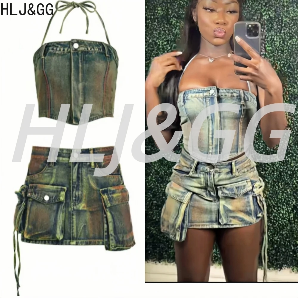 

HLJ&GG Fashion Tie Dye Print Denim Two Piece Sets Women Halter Lace Up Crop Top And Mini Pocket Cargo Skirts Outfits Streetwear