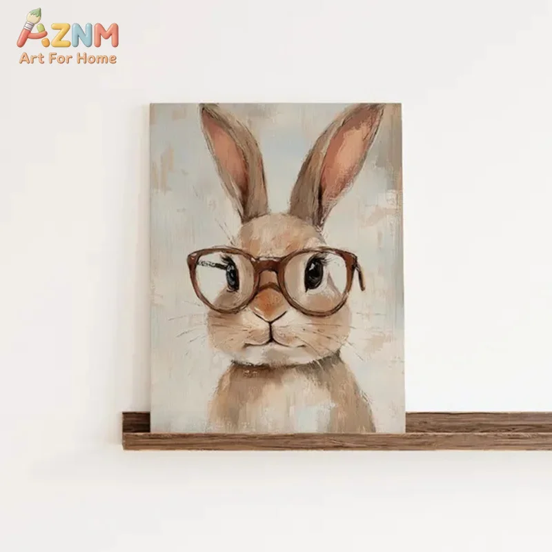 AZNM Cute Brown Rabbit With Glasses Canvas Wall Art Vintage Textured Animal Oil Painting Print Unframed Canvas Nursery Decor Pos