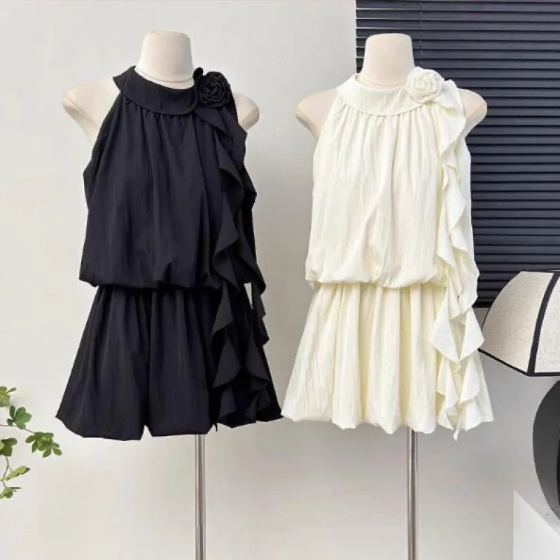 

2026 New Elegant Patchwork Fake Two piece Halter Off Shoulder Dress Women 3D Flower Waist Tie Bud Midi Dress Summer