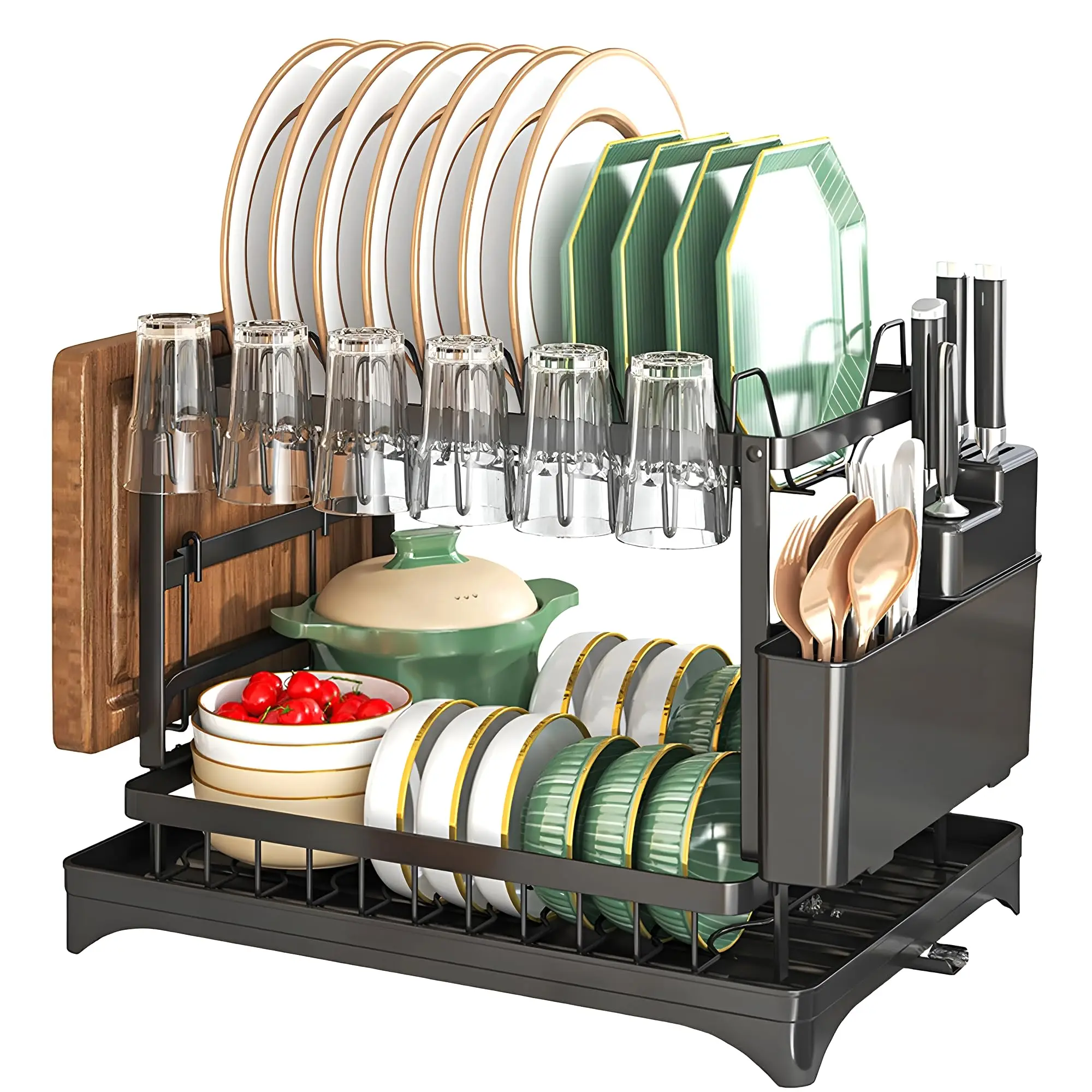 

Over Sink Dish Rack Double Layer Stainless Steel with Auto Drain Drip Tray and Cutlery Holder Space Saving, Kitchen Storage Rack