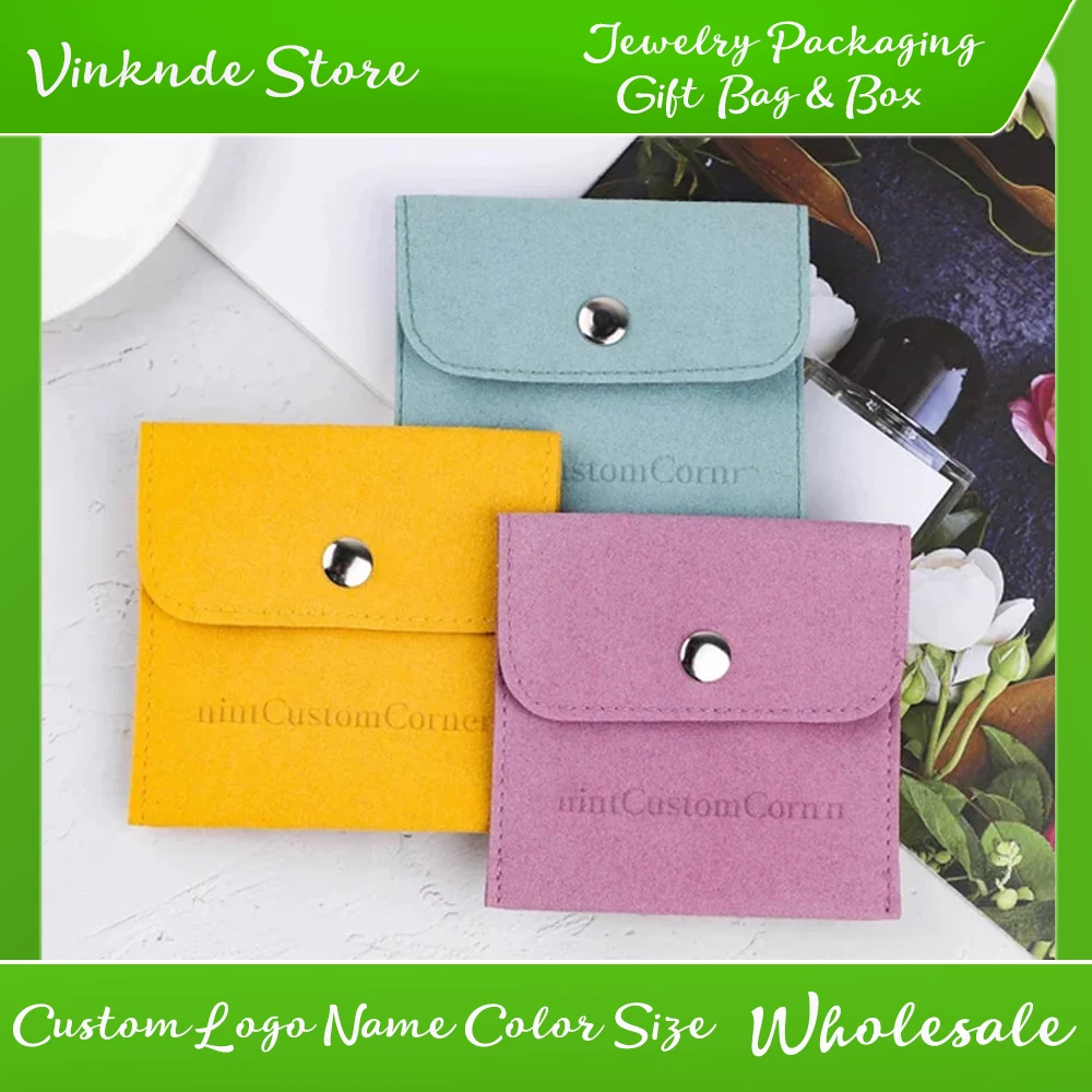 

50pcs 8*8cm Velvet Jewelry Bag Microfiber Snap Bags Custom Logo Small Necklace Ring Earring Storage Packaging Pouch Wedding Gift