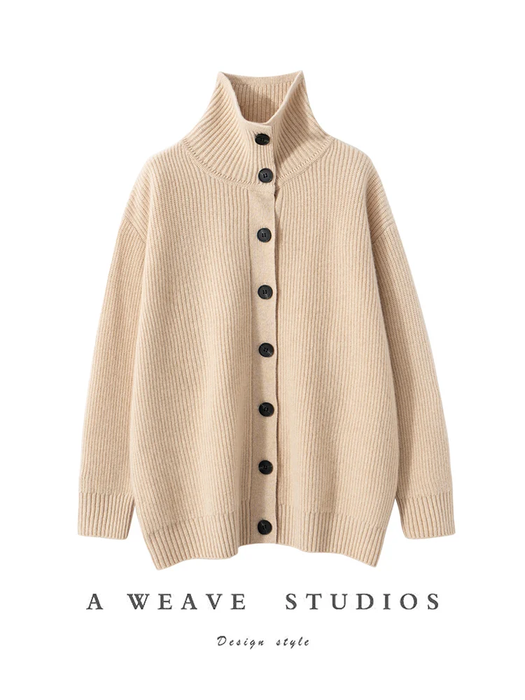 

Autumn Winter Thick Sweater Women Turtleneck Cashmere Cardigans Loose Buttons Threaded 100% Cashmere Outerwear High-end Knitwear