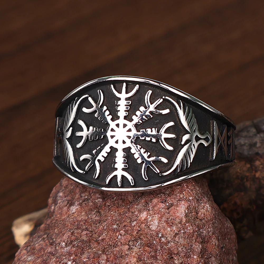 Vintage Viking Compass Rings for Men Stainless Steel Punk Nordic Odin Raven Amulet Rune Ring Cyclist Jewelry Gift Free Shipping