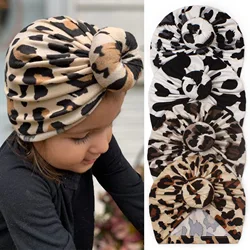 Turbante indio con estampado de leopardo para bebé, gorro de algodón suave con nudo bonito para niños y niñas, envoltura para la cabeza, gorros para recién nacidos