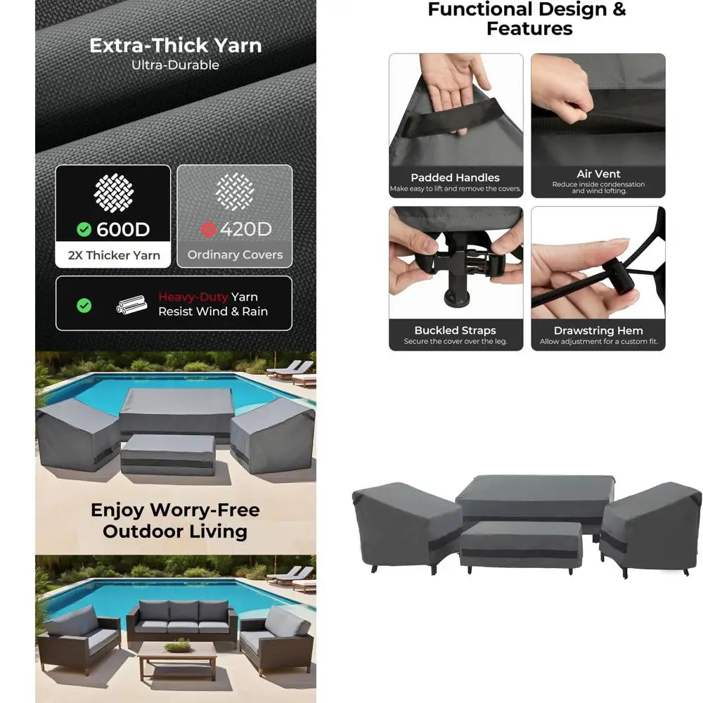 

4-Piece Heavy-Duty 600D Waterproof Outdoor Patio Furniture Cover Set, Large, Grey